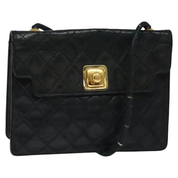 CHANEL Matelasse Shoulder Bag Lamb Skin Black Gold CC Auth PP542 - Picture 1 of 16